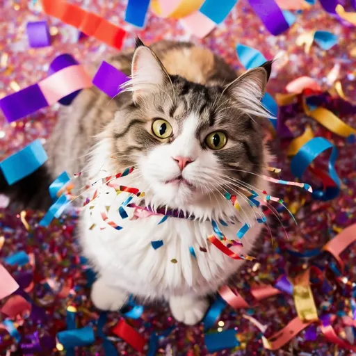 Prompt: Fluffy cat playing in a pile of confetti and streamers