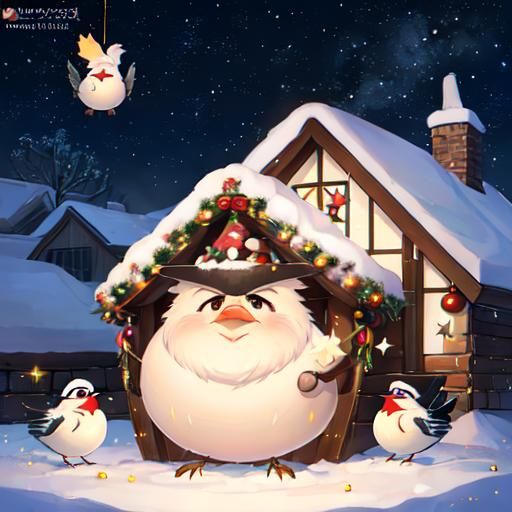 Prompt: Cute Pixar style painting, an adorable chickadee, fat, angry, christmas, midnight, ornaments, window of a house, town, christmas tree, gifts, Santa hat, christmas lights, nebula, galaxy, stars, fireflies, glowing,  snow, soft light, 4k, beautiful 