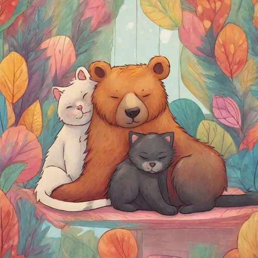 Prompt: A house cat cuddling on top of a bear in a colourful and semi-realistic painted style