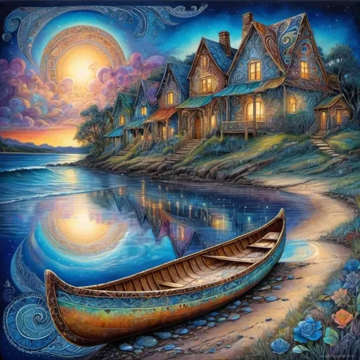 Prompt: Abandoned canoe, on the shoreline, fantasy, glowing, bright colors, strong contrast, Josephine Wall, beautiful Zentangle and paisley sky, houses with lights on in the background, richly decorated Zentangle and Paisley style in blues