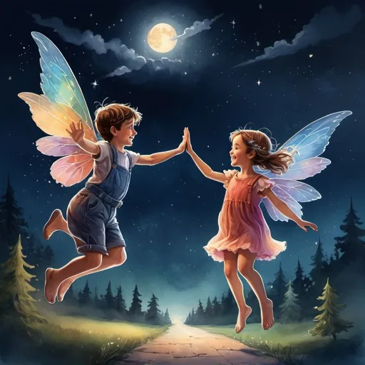 Prompt: Bright and colorful hyperrealistic illustration in the fantasy style with elements of watercolour against the background of the night sky. Illustration of a charming 7-year-old boy and a 6-year-old fairy-girl jumping and making a high-five gesture from the back size view. The fairy has over-detailed wings. Visualize the trajectory of their hands with lines of dissected air to show rapid movement. Concept art 16K