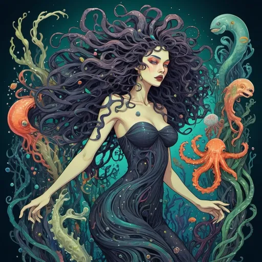 Prompt: vibrant abstract dark, full body photo of a colorful modern illustration of a sea witch with wild twisted swirling hair full of sea creatures seaweed and pearls, pop surrealism kinetic art, Art Nouveau, heavy outline