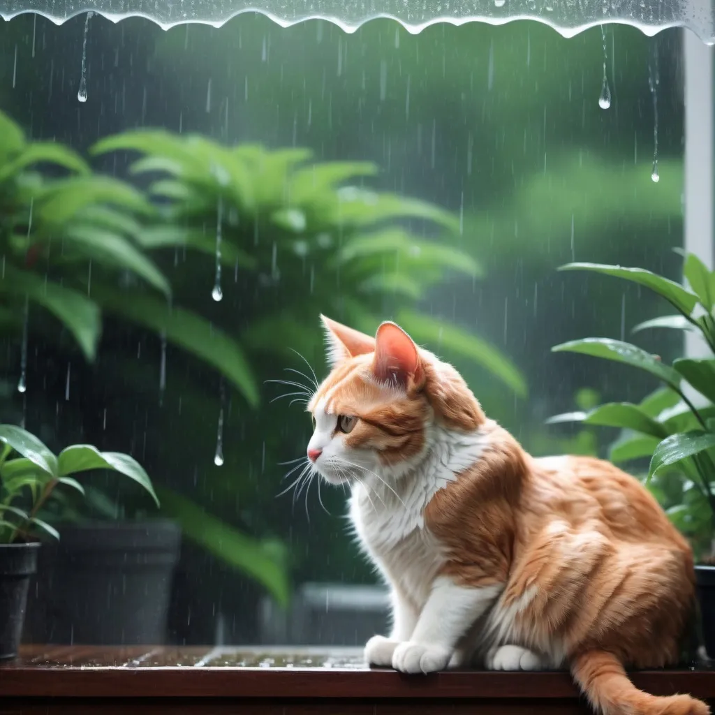 Prompt: Create an introverted based wallpaper with a rainy day with a cat outside in a rainy day 