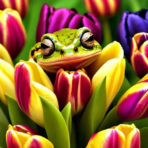 Prompt: A portrait of a cute frog is sitting in a tulip, vibrant colours