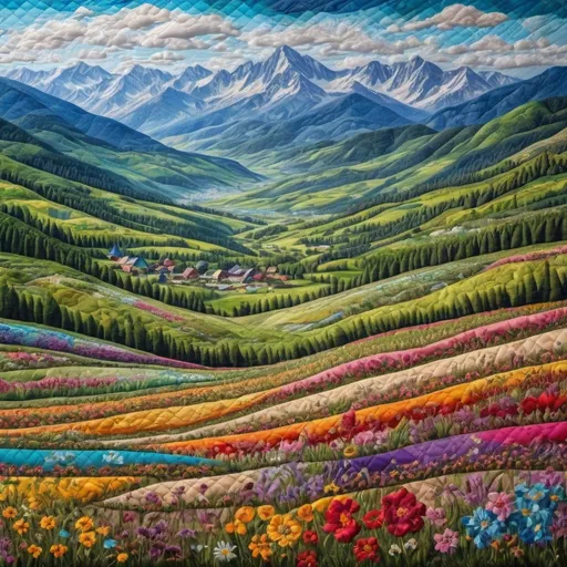 Prompt: Quilted patchwork of a flowery meadow with mountains, landscape, masterpiece, beautiful, vibrant, stunning, gorgeous, sharp focus, intricate details, highly detailed, cinematic lighting