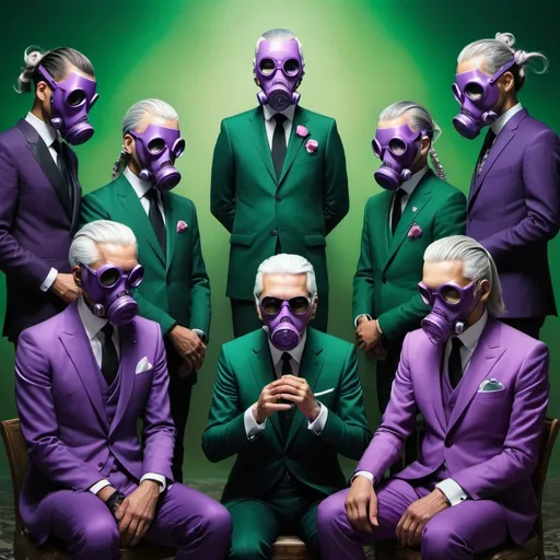 Prompt: Many samurai sit with gas mask admiring Karl Lagerfeld in their green and purple suits with gas masks on their faces, with ethereal lighting and a dreamlike feel, inspired by the works of salvador dali and rene magritte, the rose should have intricate details and subtle reflections on its surface, while the background is blurred and surreal, creating a mystical atmosphere, it should be a digital illustration created by artists like android jones, audrey kawasaki, or nychos, and trending on artstation or deviantart.