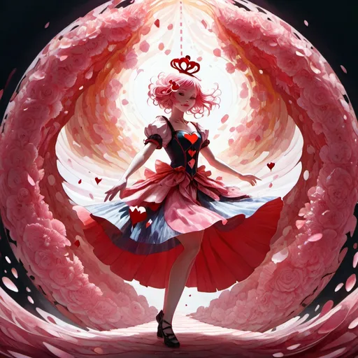 Prompt: girls dancing around the queen of hearts. swirling pink petals. Android Jones, Japanese Art, James Jean, Erin Hanson, Anna Dittmann, watercolor, natural lighting, volumetric lighting maximalist, photo illustration 32k resolution concept art intricately detailed, complex, elegant, expansive, fantastical, golden ratio principles, haunted, glass sculpture, madoka magica, honeycomb patterns, concept art by makoto shinkai, conrad roset, autochrome, 8k resolution, highest quality, arthur rackham, watercolor wet inkwash, artstation, 