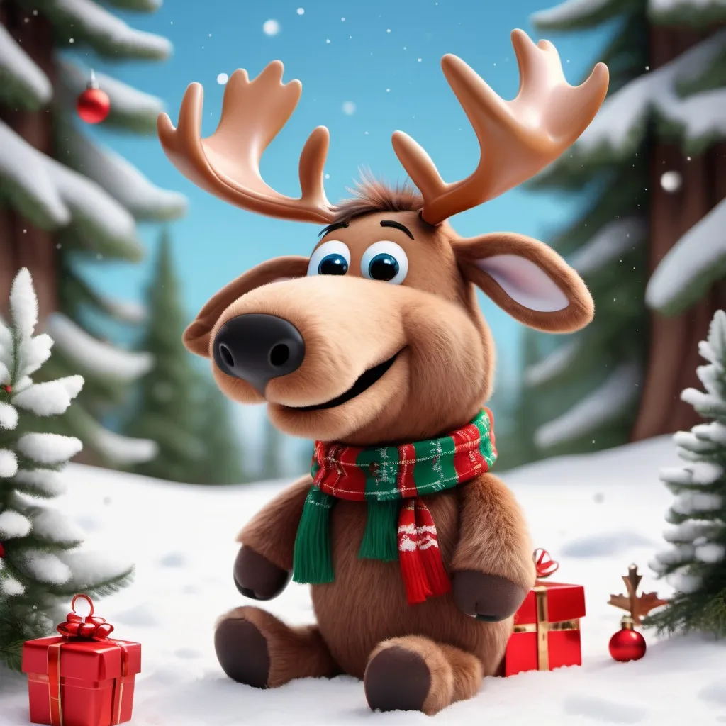 Prompt: Create a photo-realistic image of a cute Pixar-style, smiling moose with Christmas accessories, sitting in the snow. The background should feature a bright and sunny, snowy forest with fir trees adorned with Christmas garlands and decorations. This is for product photography, aiming for a whimsical and playful atmosphere within a sunny environment. It should be a medium shot with natural light, aiming for an ultra-realistic look.