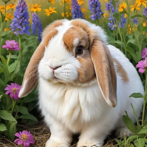 Prompt: Holland Lop rabbit in  wildflowers, realism, amazing colors, breathtaking