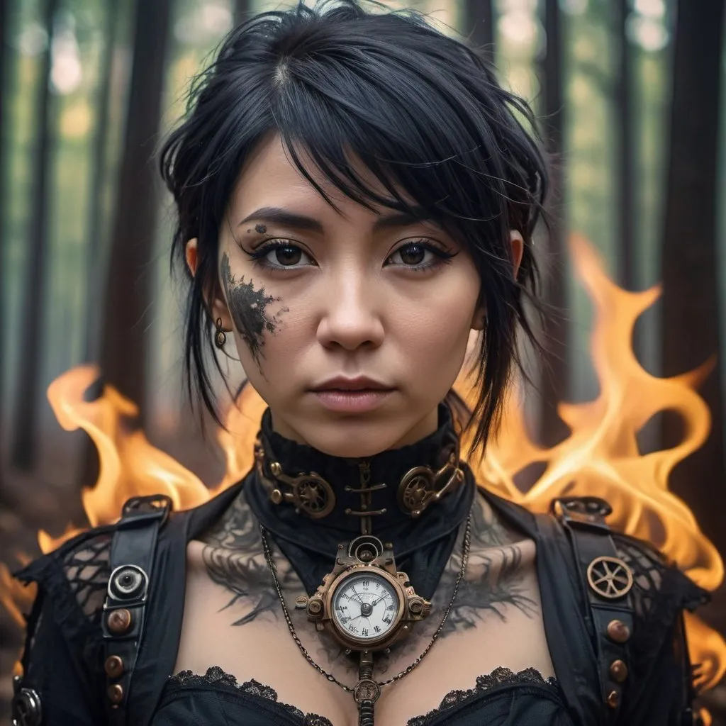 Prompt: A woman with a dirty face, embodying the concept of a 'dirty-faced angel'. She is in a dark forest with trees on fire. The image is in sharp focus, detailed, and shows a full body photo of the woman. She is styled in a gothic emo punk style. The perspective is from a bottom view, taken with a wide angle camera, in a steampunk aesthetic., Miki Asai Macro photography, close-up, hyper detailed, trending on artstation, sharp focus, studio photo, intricate details, highly detailed, by greg rutkowski, Miki Asai Macro photography, close-up, hyper detailed, trending on artstation, sharp focus, studio photo, intricate details, highly detailed, by greg rutkowski