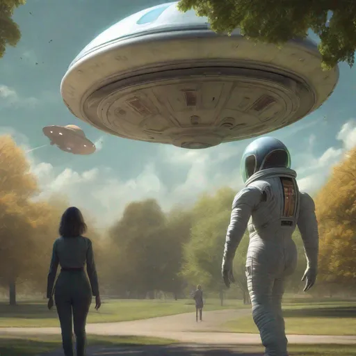 Prompt: a hyper realistic fantasy style alien exiting a flying saucer and walking out onto a park. The alien is woman in nature in a sheer space suit