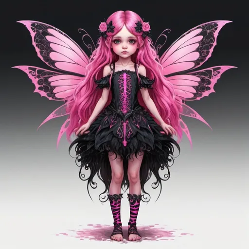 Prompt: Pink and black themed gothic fairy child of long hair ,  full body shot ,digital style ,bold color scheme, fantasy magic, drawing illustration, high quality, very detailed, isolated on white background, 4k