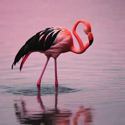 Prompt: standing in water on (((cradles a bent paw))), one black flamingo