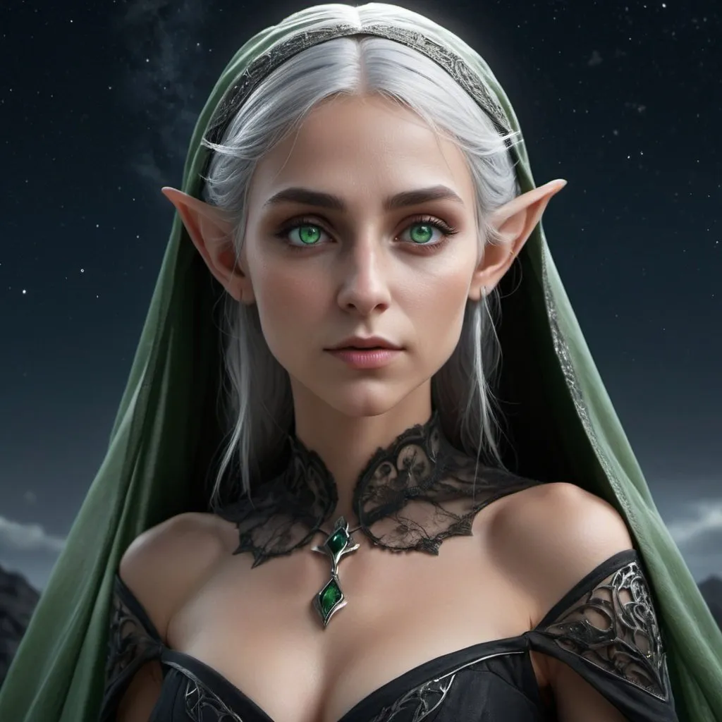 Prompt: fantasy, young elf woman, green eyes, (full body view:1,0), Black dress, ultra detailed, veil covers her face(:2,0), grey hair, night sky, detailed gorgeous face, ultra high definition, 8k, unreal engine 5, masterpiece, ominous, highly detailed, ultra high quality model