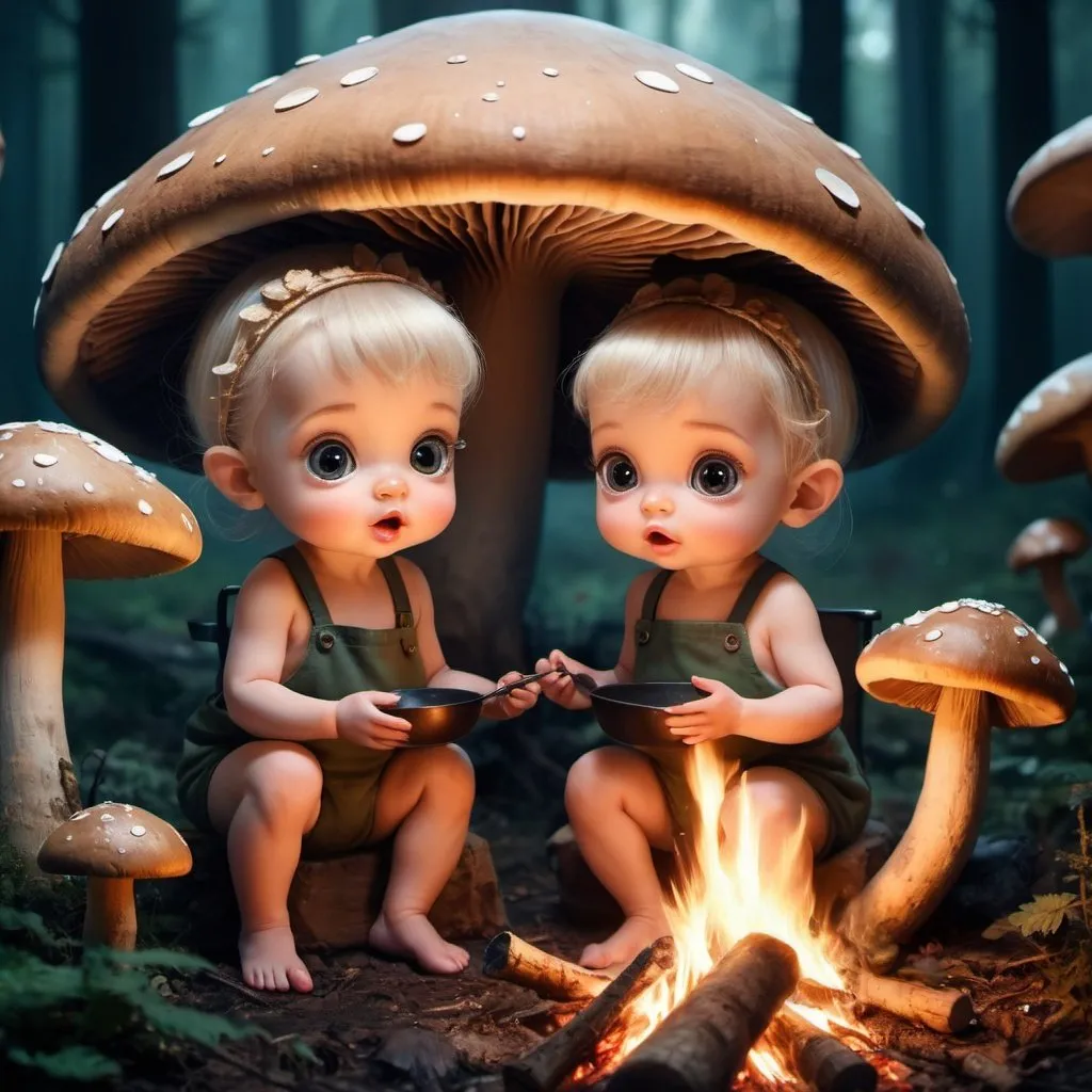 Prompt: Close-up two Cute, adorable tiny baby fairies cooking on a campfire   under one giant mushrooms.  . Night time. Big Big eyes, maximum cuteness. Mabel Lucie Atwell. Epic cinematic brilliant stunning intricate meticulously detailed dramatic very  dark forest background, atmospheric maximalist