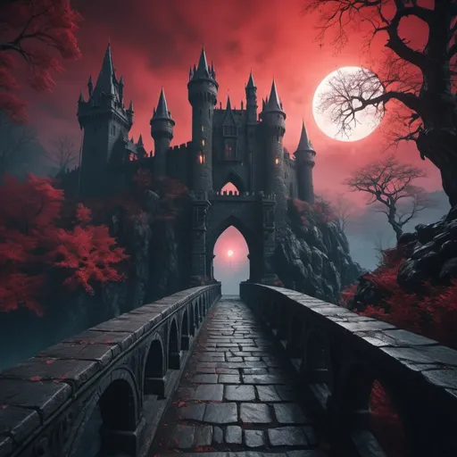 Prompt: gothic mystical landscape, black dark creepy castle, stone bridge leading to a mystical dark dense forest on the edge a cliff, flying dragons, night, 8k resolution, shiny super reflective, unreal engine 5, complementary colors, vibrant, red mist, Highly detailed, cinematic scene, perfect composition, dramatic, 8k resolution, close up, cinematic, fantasy, epic,
