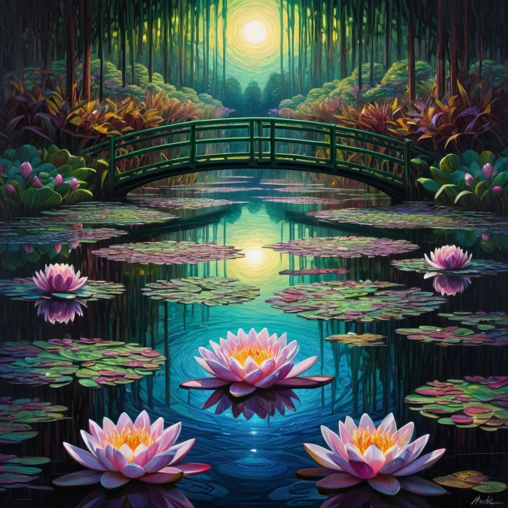 Prompt: Transform Monet water lilies into psychedelic contemporary artwork, art by Nicole Wharton., centered, symmetry, painted, intricate, volumetric lighting, beautiful, rich deep colors masterpiece, sharp focus, ultra detailed, in the style of dan mumford and marc simonetti, astrophotography