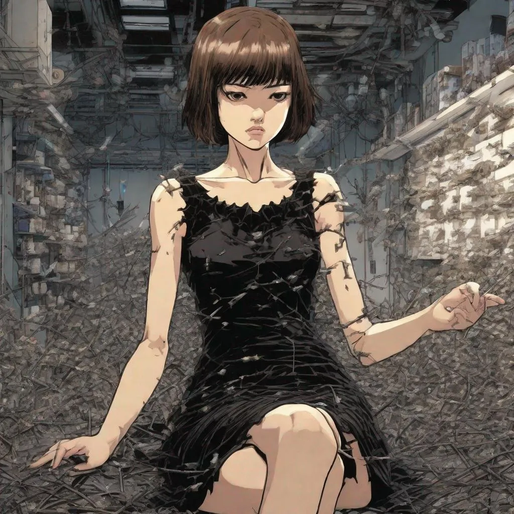 Prompt: girl with morbid thoughts wearing a black spring dress with short brown hair, queen of sharp needles and under the effect of psychosis, by Range Murata, Katsuhiro Otomo, Yoshitaka Amano, and Artgerm. 3D shadowing effect, 8K resolution.