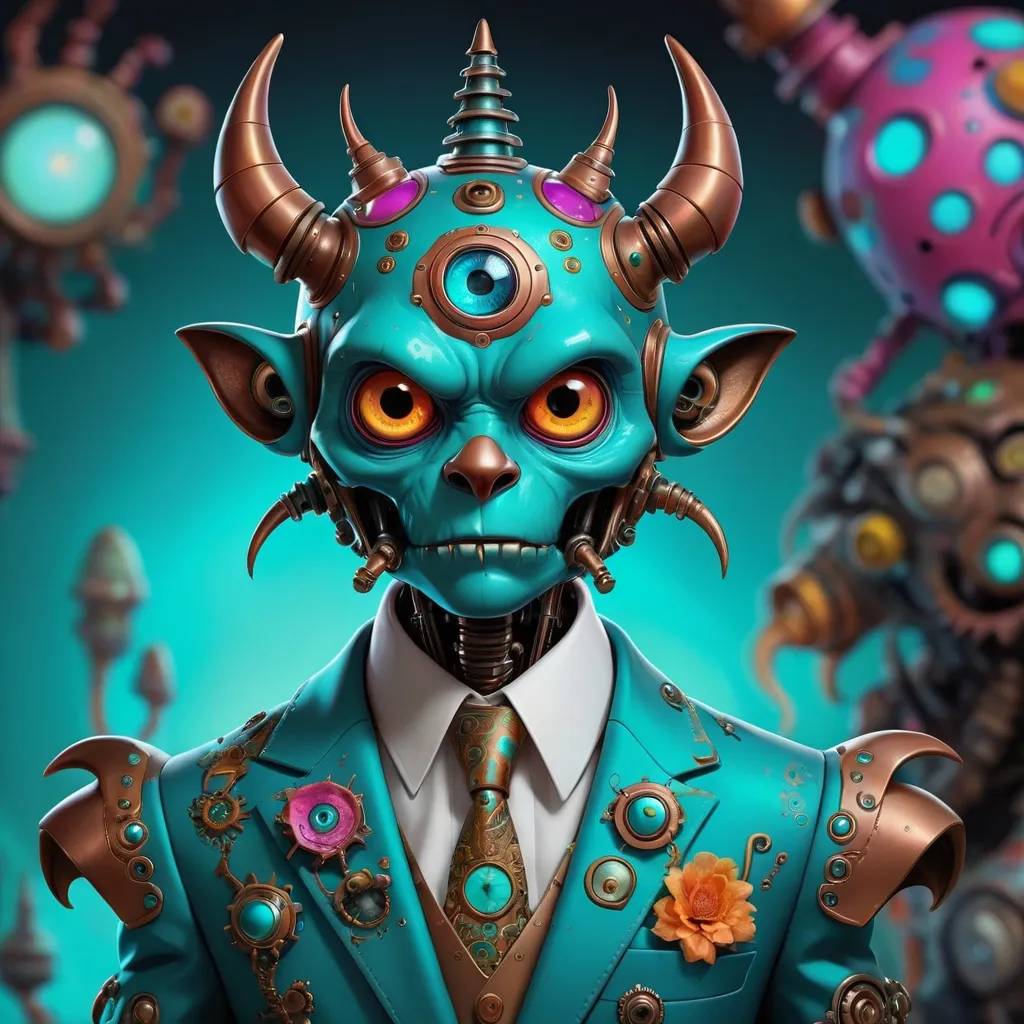 Prompt: a little monster in a suit, in the style of psychedelic artwork, imaginary creatures and robots, steelpunk, cyan and bronze, colorful fantasy realism, witchcore, baroque-punk