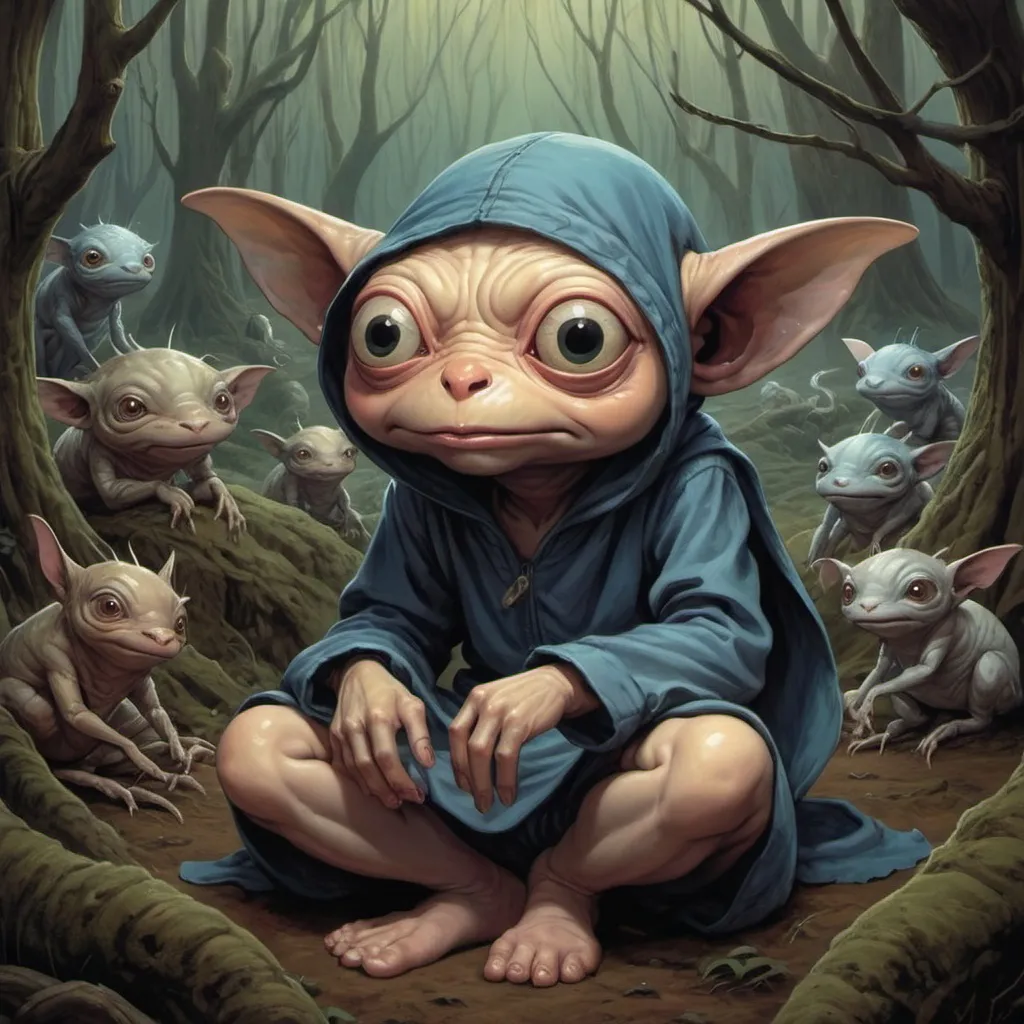 Prompt: a bored sleepy and cute random creature in the multiverse by charles burns and brian froud art, shinji aramaki, Rhads, Android Jones, Magali Villeneuve