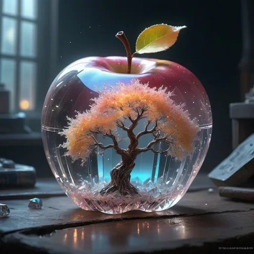 Prompt: A mesmerizing crystal in the shape of a vibrant apple emerges from a frozen tree, creating a surreal and fantastical scene. The crystal sparkles with intricate details, reflecting a myriad of colors. This unexpected and magical sight transports you to a dreamlike realm. The photograph exudes a dreamy, lo-fi aesthetic, giving it a vintage charm. The composition captures every fine detail of the crystal, adding to its enchanting allure., Broken Glass effect, no background, stunning, something that even doesn't exist, mythical being, energy, molecular, textures, iridescent and luminescent scales, breathtaking beauty, pure perfection, divine presence, unforgettable, impressive, breathtaking beauty, Volumetric light, auras, rays, vivid colors reflects, sharp focus, emitting diodes, smoke, artillery, sparks, racks, system unit, motherboard, by pascal blanche rutkowski repin artstation hyperrealism painting concept art of detailed character design matte painting, 4 k resolution blade runner