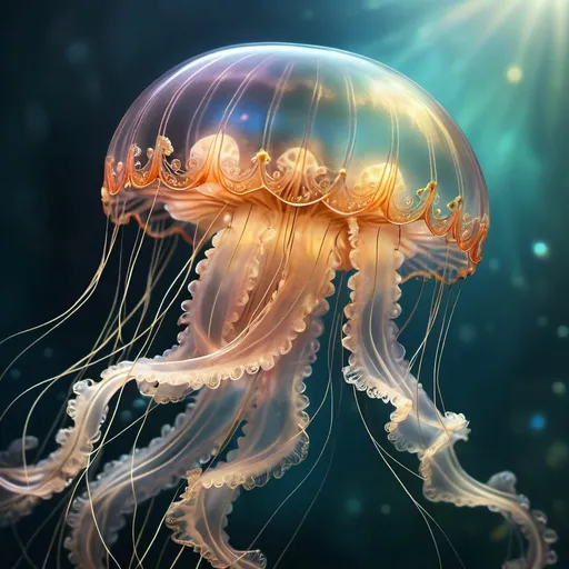 Prompt: Close up of a cute filigree fantasy jellyfish by Mandy Disher, magical colorful creature depicted full body, soft glow surrounding its form, reflective eyes capturing light, edge lighting accentuating delicate tendrils, shimmering, glowing appurtenances, imbued with a mysterious aura, digital painting, ultra fine details, soft focus background, volumetric lighting.