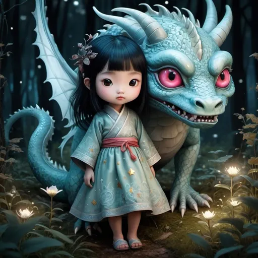 Prompt: ultra highly detailed, , cinematic, 32k, Asian folklore, detailed  ink, acrylic, by Craola, Nicoletta Ceccoli, Beeple, Jeremiah Ketner  Todd Lockwood, storybook illustration, cute  vivid tiny   Yokai  fairy   girl  and  perfect  Asian  ghost dragon, extremely big sharp  glowing   eyes, meadow, forest, night, ,stars, starry sky, fairytale, storybook, mystical, highly detailed unusual  highly detailed, intricated, intricated pose, masterpiece, high quality, ultra details, small detailing,vibrant colors, complex patterns, unreal engine,