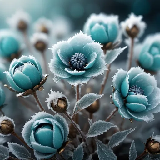 Prompt: magical realism, frozen flowers in the frost, Mika Asai style, super detail, layering, transparency, haze, play of color, white, old dark gold, silver, turquoise, artstation trends, sharp focus, studio photography, intricate details, high detail, Mika macro photography Acai, super detailed, aesthetic, frosty patterns, frozen, vibrant shimmering bokeh turquoise, beautiful starry bokeh background sparkling with gorgeous shimmer, 64k, iso100, sharp focus, intricate Details, highly detailed, Greg Rutkowski
