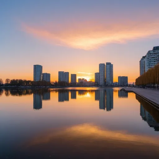 Prompt: photo d'une ville se reflet dans un lac au couché du soleil