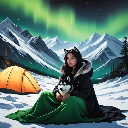 Prompt: Snow-capped mountains under a night sky boasting the vibrant aurora boreal, a young woman enveloped in a green blanket, seated beside a black husky, with a camping tent nearby, neon ambiance, abstract black oil touches, gear mecha elements, captured in a detailed acrylic style with a grunge aesthetic, intricate complexity, rendered in Unreal Engine for a photorealistic effect.