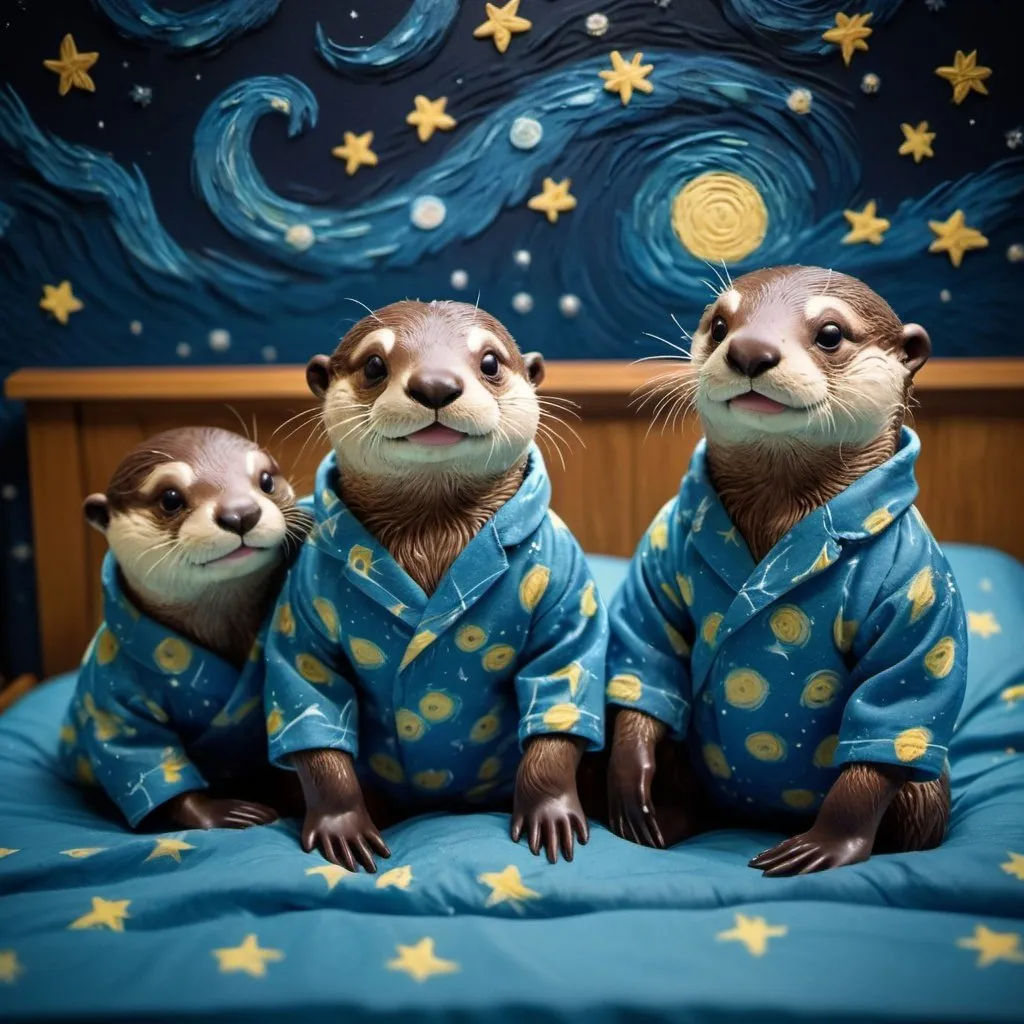 Prompt: Starry night background: style of Vincent Van Gogh. 
chibi otters smile in BLUE PAJAMAS getting ready for bed.Cinematic film still, shot on v-raptor XL, film grain, vignette, color graded, post-processed, cinematic lighting, 35mm film, live-action, best quality, atmospheric, a masterpiece, epic, stunning, dramatic