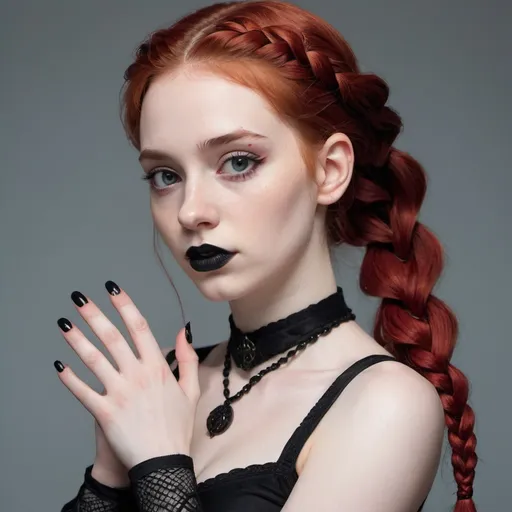 Prompt: E-girl, fully body, red hair, French braid, pale skin, high detail, highly detailed, surrealism, blank background, black fingernails on fingers, black lipstick