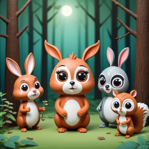 Prompt: create a cute rabbit, deer, owl, and squirrel at forest

