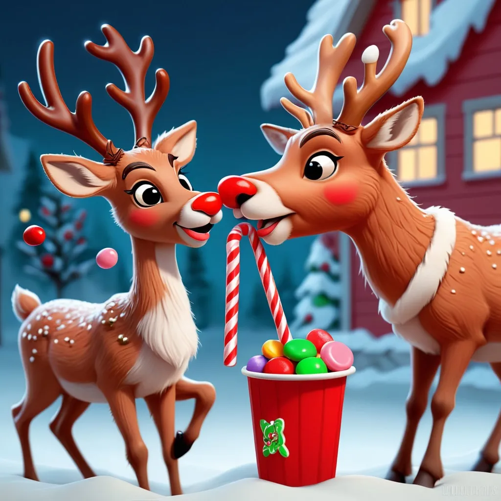 Prompt: Rudolph the Red-Nosed Reindeer eating candy together
  digital illustration