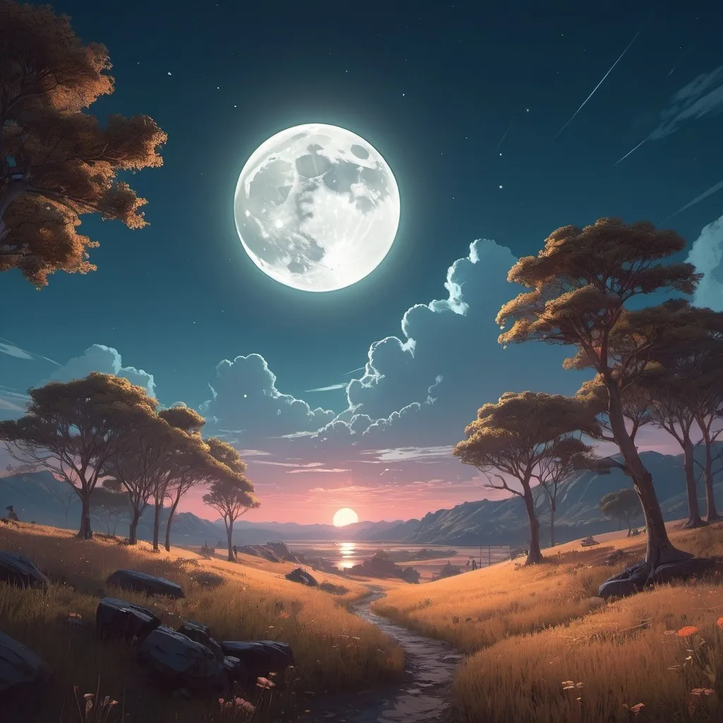 Prompt: a full moon glowing against a dreamy sky, detailed and intricate environment showcasing a fusion of styles reminiscent of Greg Rutkowski, Loish, Rhads, Beeple, Makoto Shinkai, Lois van Baarle, Ilya Kuvshinov, Rossdraws, Tom Bagshaw, and Alphonse Mucha, illuminated with global illumination techniques, Unreal Engine, volumetric