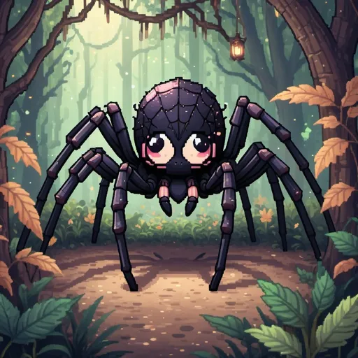 Prompt: pixel art of an dark spider at on a forest scene, fairycore, cottagecore, nostalgic, tumblrcore, detailed foliage, warm and cozy lighting, pastel tones, high quality, pixel art, fairycore atmosphere, nostalgic vibes, cozy cottagecore setting, cute spider design, detailed fantasy pet and fairy friend kawaii fairy