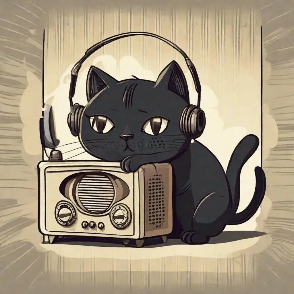 Prompt: black cartoon cat listening to the radio, old cartoon drawing style