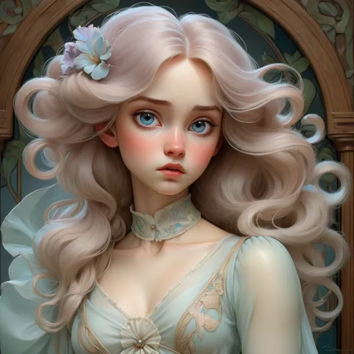 Prompt: Beautiful young victorian/renascence/art nouveau girl, pastel translucent clothes, impeccable hair, powerfull, vivacious realistic eyes, complex, porcelain skin, chiaroscuro, by Magali Villeneuve, Bisson, Rebecca Guay, Jeffrey Catherine Jones, Kim jung gi, Frank frazetta, Stanley Artgerm, Audrey Kawasaki