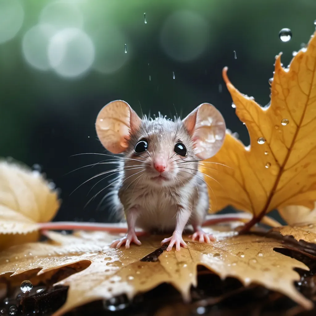 Prompt:  Photo of a tiny fluffy alien mouse, big eyes on wet leaves, falling raindrops, shot with a 90 mm camera, high resolution, photorealism