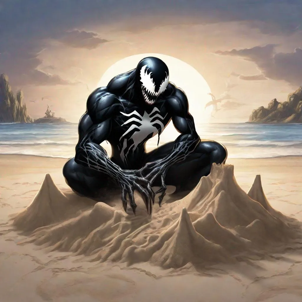 Prompt: Venom Symbiote, making a sand castle,   beach background