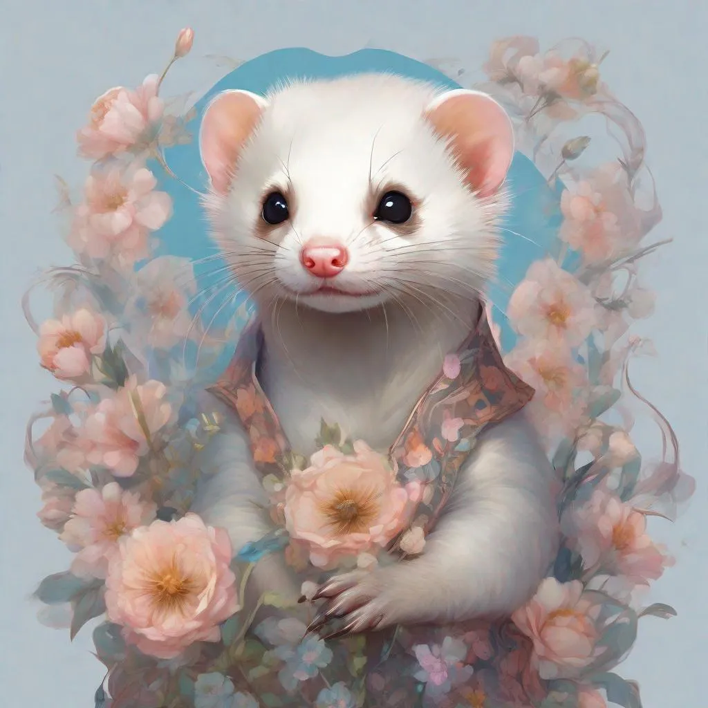 Prompt: cute adorable ferret, full body,  bright and beautiful spring, Big and perfect eyes, sparkling, cute and adorable, with floral threads, flowers, edge lighting, extraordinary fluffiness, magic , surrealism , fantasy, digital art, wlop, artist and James Jean