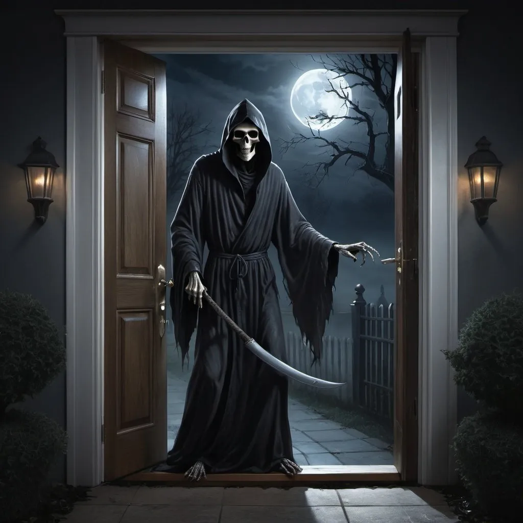 Prompt: create a hauntingly realistic illustration of the Grim Reaper knocking on a residential door, bathed in moonlight, with a focus on the mysterious and otherworldly ambiance