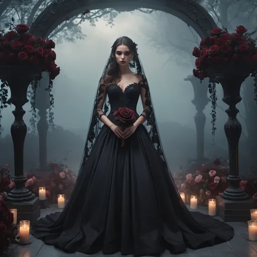 Prompt: a girl, ((black wedding dress, black wedding veil, black rose,a lot of flowers around) ), otherworldly hues, surreal landscapes, dark fantasy art, a lot of fog around, ethereal glow, (ghostly effect:1) , masterpiece, perfect anatomy, 32k UHD resolution, best quality, highly details, realistic photo, professional photography, cinematic view, cinematic angle, octane render,