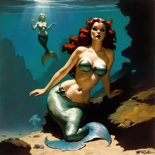 Prompt: painting of a mermaid by Frank Frazetta and Gil Elvgren.