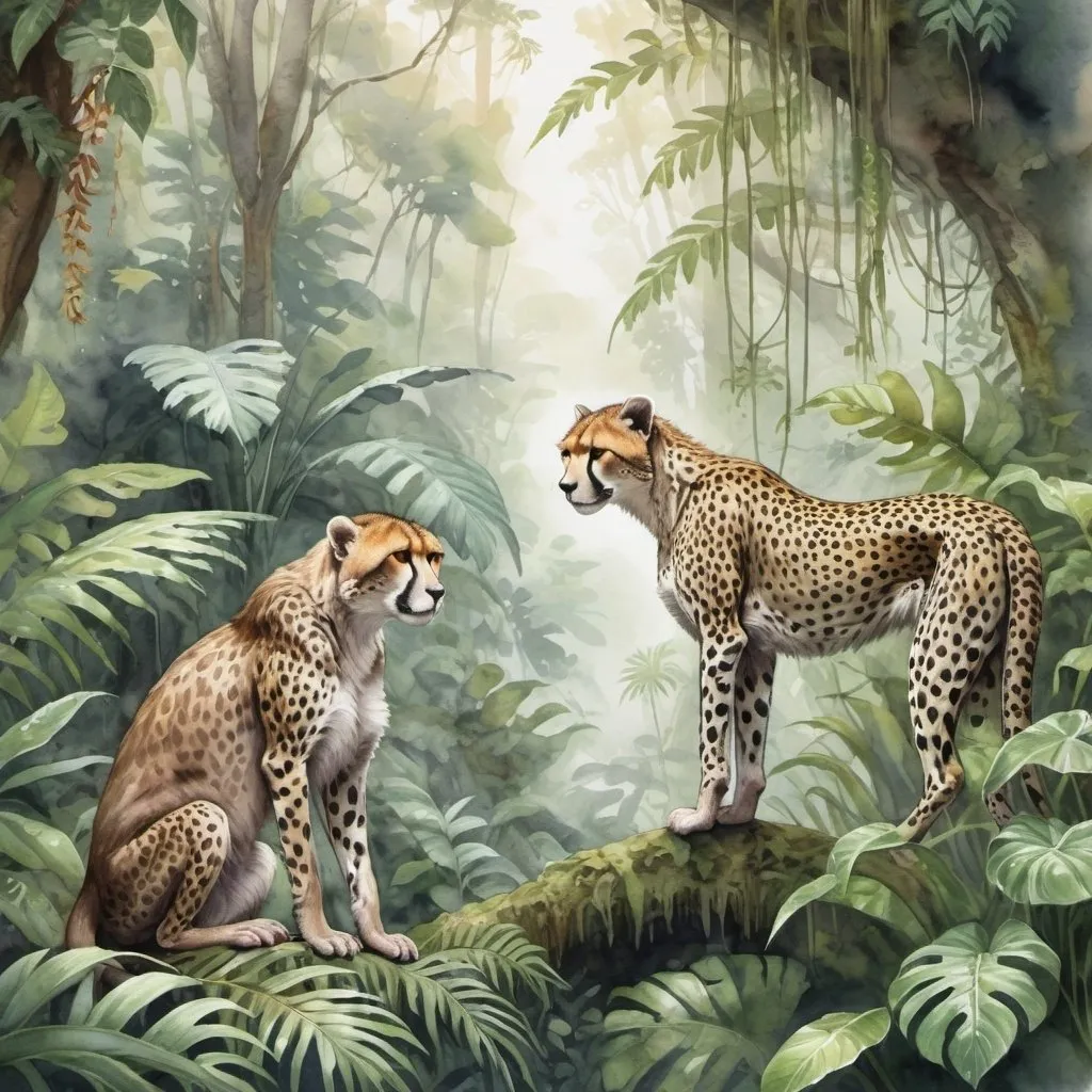 Prompt: Watercolor illustration, monkey and cheetah side by side, lush rainforest enveloping them, vines hanging, ferns and exotic flowers in foreground, misty atmosphere, subtle sunlight filtering through canopy, rich greens and earthy browns dominating the palette, creatures detailed with fur and spots bathed in natural light, ultra-fine, highly detailed.