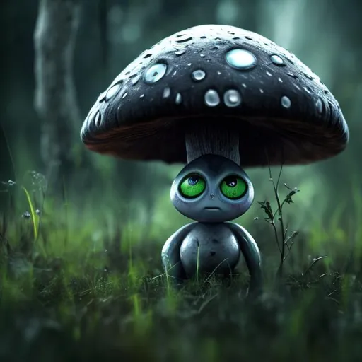 Prompt: a grey alien , big eyes blacks , mushrooms, grass, nigth , forest rain, hyperrealist ,poor light digitalphoto 4k --s 50