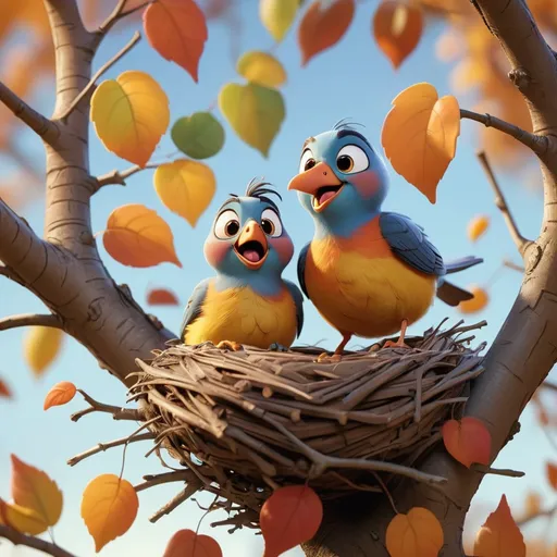 Prompt: Create a photo-realistic photography image of a cute and happy pixar style bird couple in they're nest high in a tree. It's autumn and they are preparing their cosy nest. It's a bright and sunny autumn day. Product photography, whimsical and playful, sunny environment, A medium shot natural light, ultra realistic