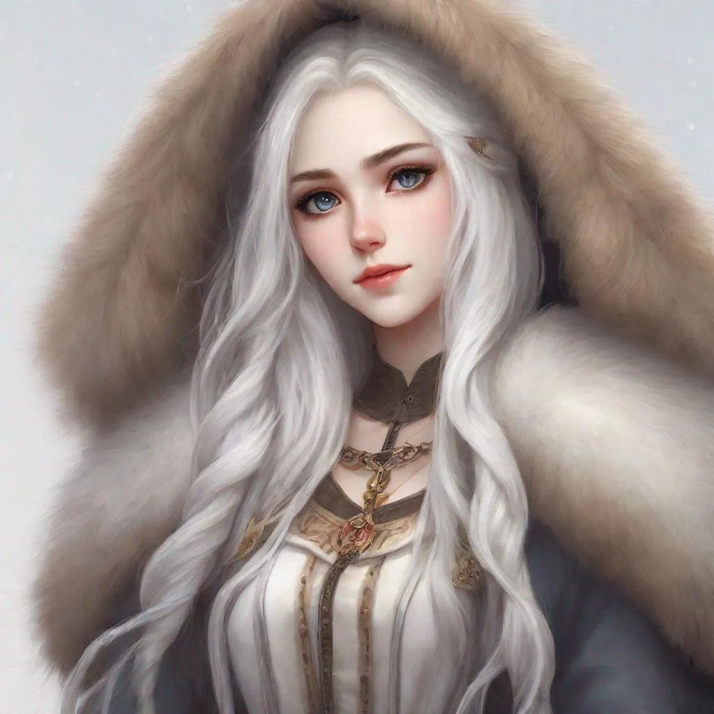 Prompt: beautiful 20 year old women with white hair, white eyebrows, light skin, realistic, ultrarealistic, high quality art, bright eyes, long hair, beauty, real, long hair, symmetrical, anime wide eyes, fair, delicate, medieval, wearing a big fur coat 