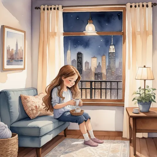Prompt: Children's book illustration A refined young girl with long chestnut hair cascading over her shoulders. The girl sits in a corner of her cramped New York apartment on a soft beige mat. Next to her, a low wooden table holds a cup of hot cocoa and a woven basket with knitting inside. On the wall, there's a series of watercolor paintings depicting cityscapes and endearing animals. Two large wooden-framed windows, decorated with light, pristine white curtains, overlook the twinkling nighttime city. Through the glass, the silhouette of skyscrapers illuminated by countless bright lights can be seen. The illustration is rendered in soft, warm hues. Dominant colors include beige, lavender, blue, golden, and brown. Serenity and comfort. The warm light from a table lamp bathes the room in coziness and reflects in the girl’s eyes, adding a spark of joy and dreams of the future.