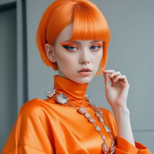 Prompt: Girl in eco friendly haute couture outfit in the style of anime, surrealism, akira style. details. fine jewelry. eco friendly. orange vibe.